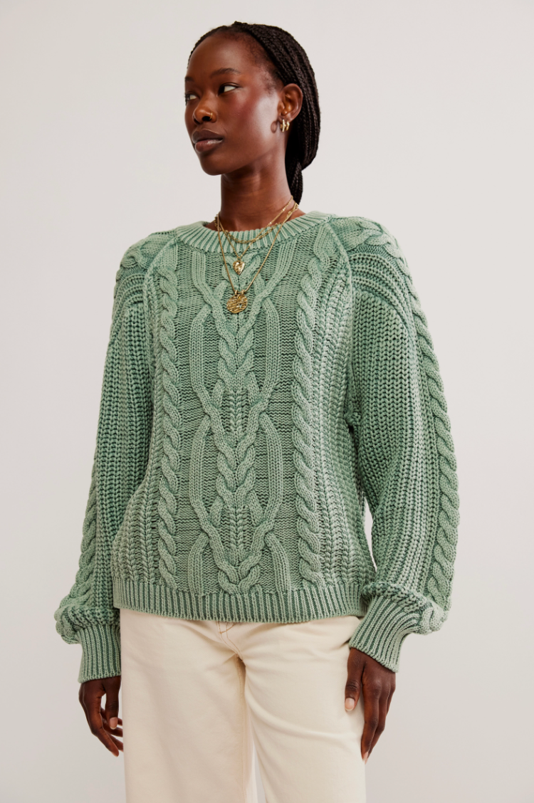 Free People Frankie Cable Jumper Sea Spray Green Think Bubbles