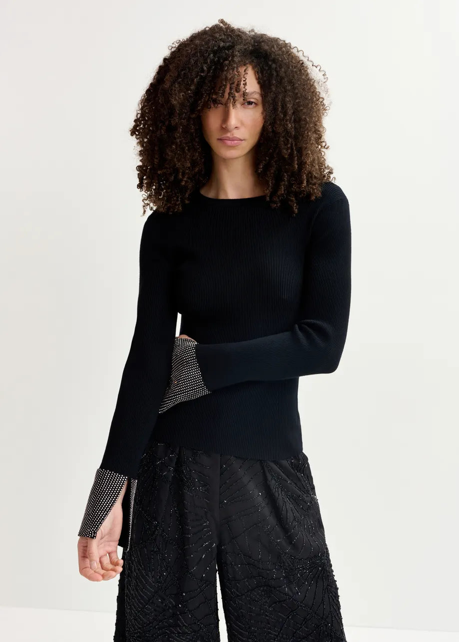 Essentiel Antwerp Gomi Black rib-knitted sweater with rhinestone-embellished cuffs