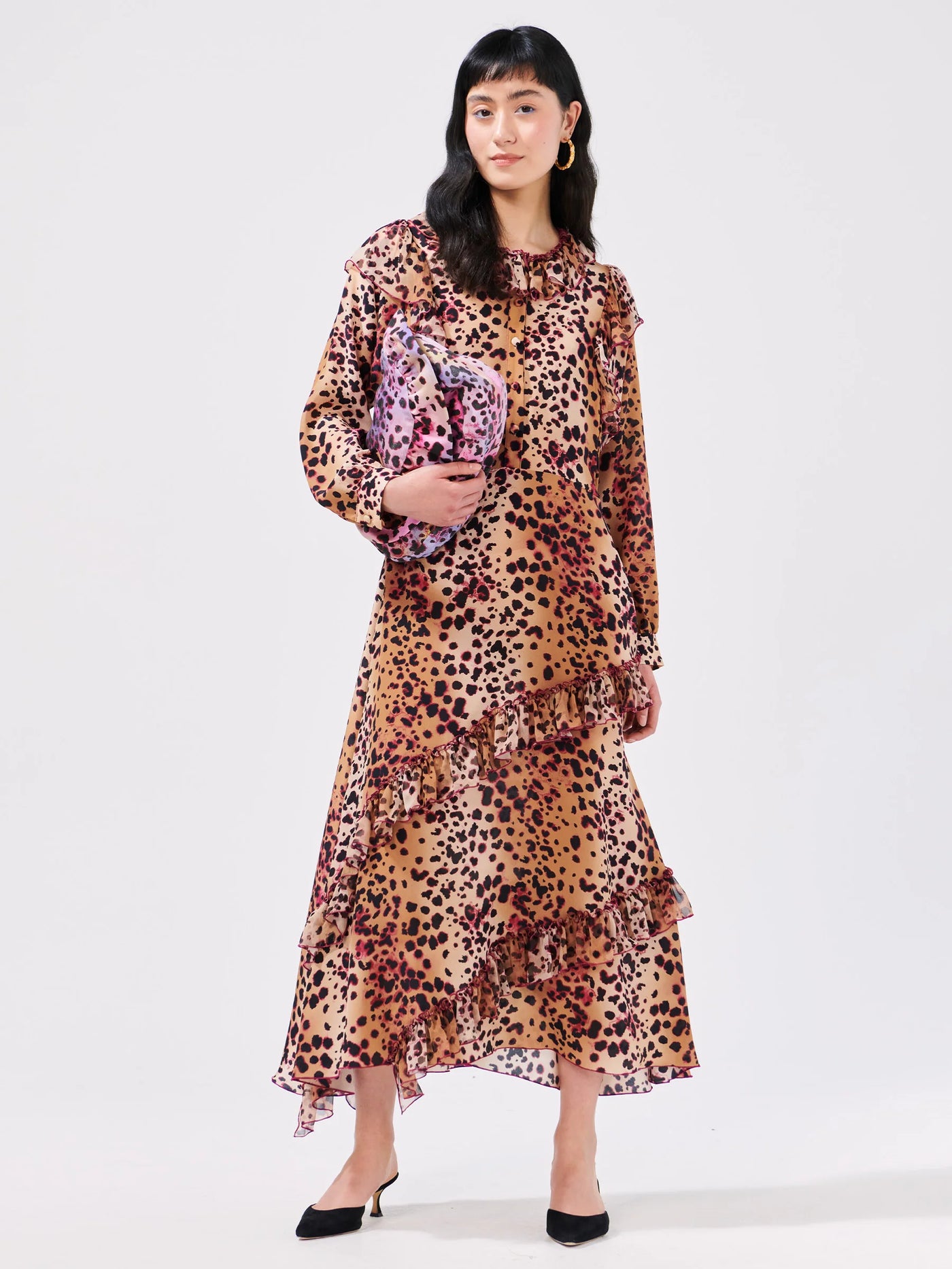 Hayley Menzies NATURAL CHEETAH FRILL SILK MIDI DRESS