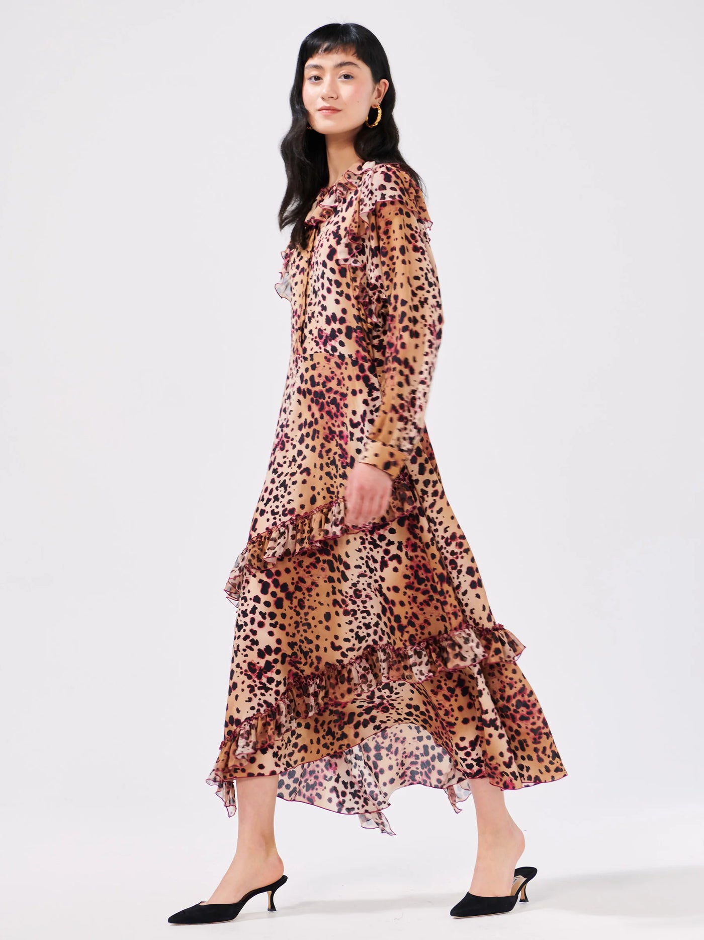 Hayley Menzies NATURAL CHEETAH FRILL SILK MIDI DRESS