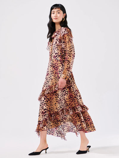 Hayley Menzies NATURAL CHEETAH FRILL SILK MIDI DRESS