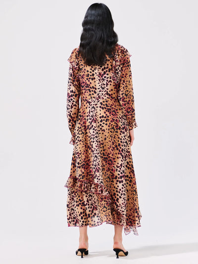 Hayley Menzies NATURAL CHEETAH FRILL SILK MIDI DRESS