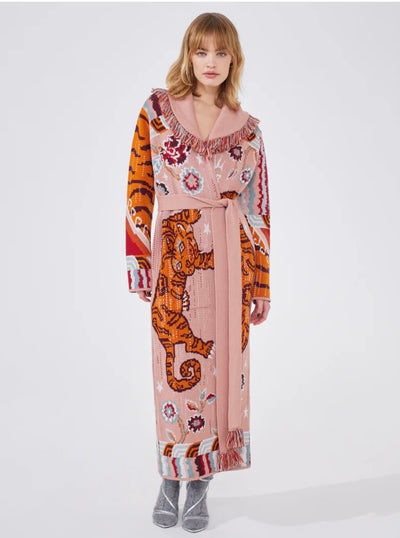 Hayley Menzies Tibetan Tiger Merino Jacquard Long Cardigan Pink