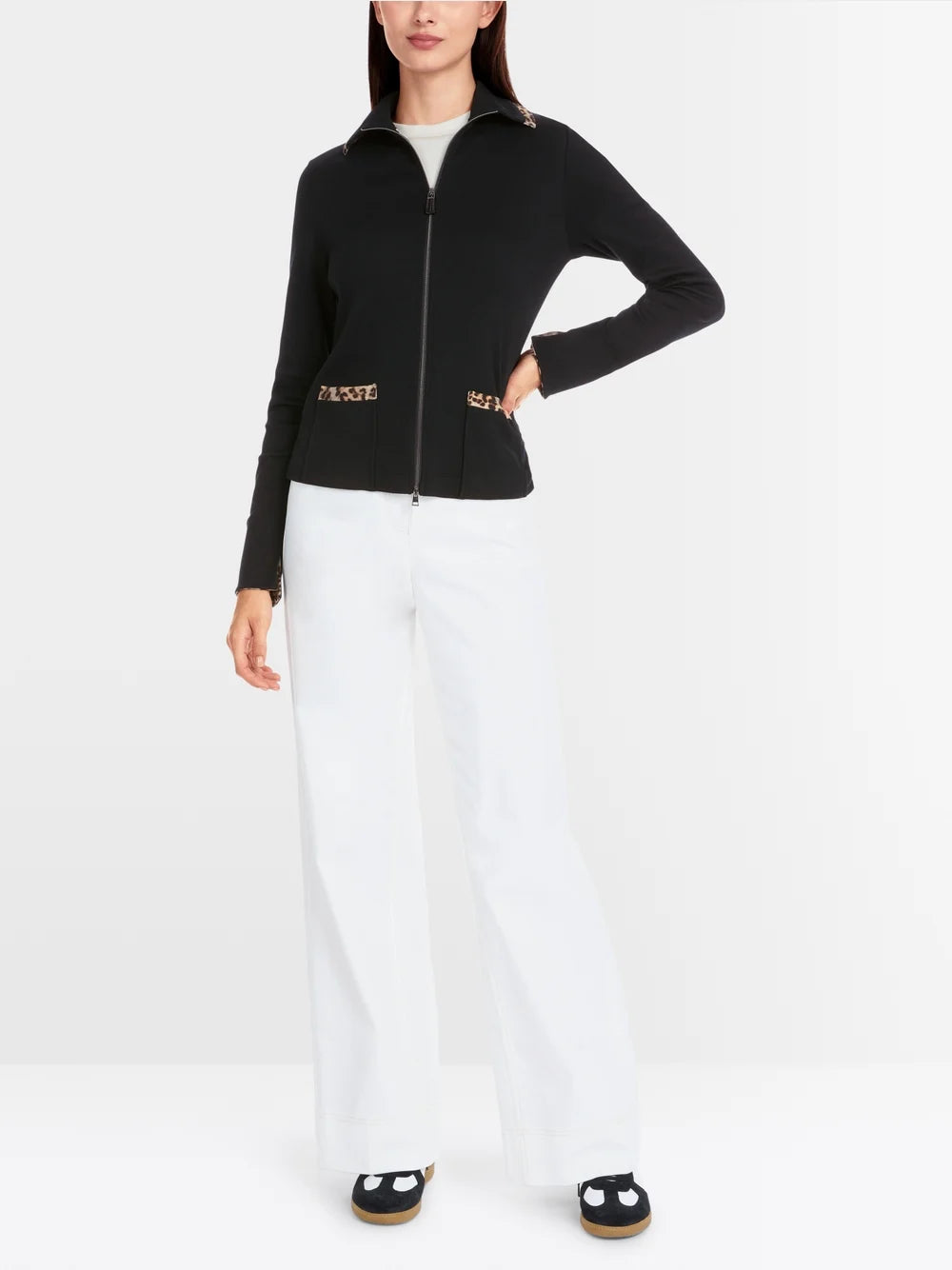 Marc Cain Black Zip jacket in cotton rib with Leopard Print