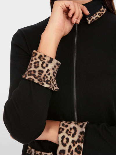 Marc Cain Black Zip jacket in cotton rib with Leopard Print