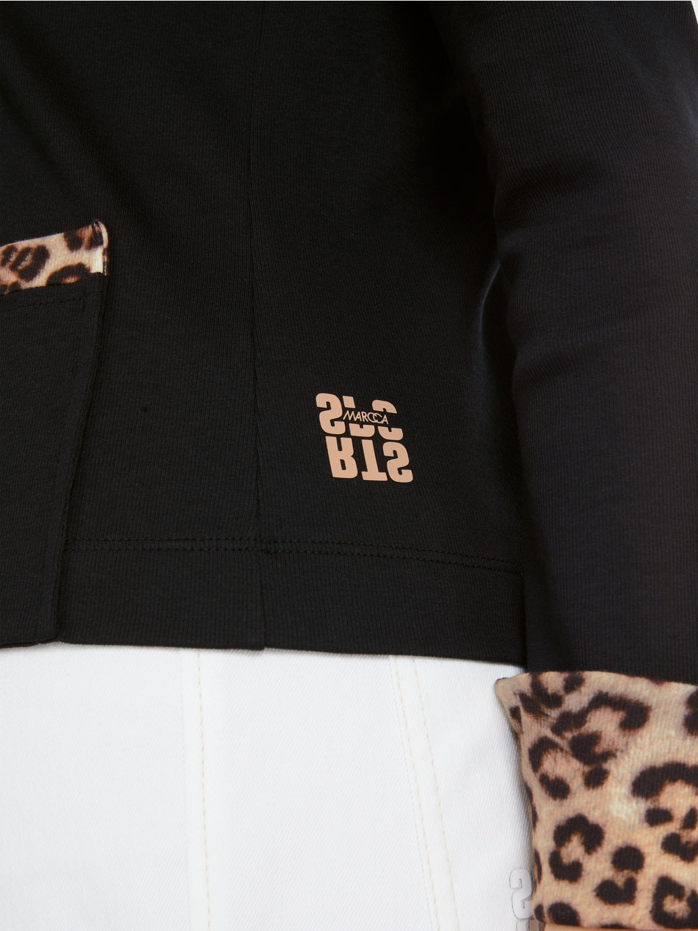 Marc Cain Black Zip jacket in cotton rib with Leopard Print