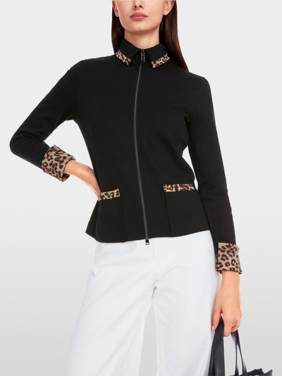 Marc Cain Black Zip jacket in cotton rib with Leopard Print