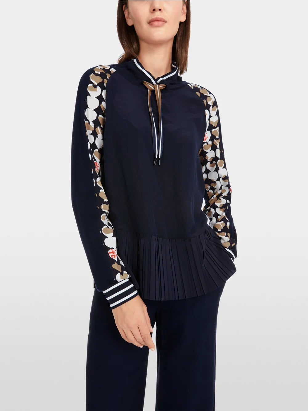 Marc Cain Heart Print Hooded Loose blouse with pleated peplum